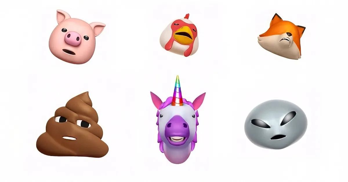 Six different emoji faces: pig, chicken, fox, poop, unicorn, and alien.