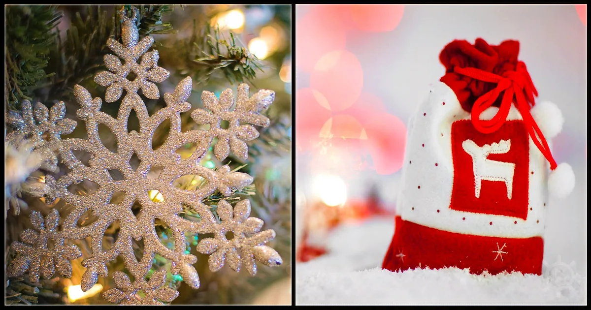 A glittery snowflake ornament hangs on a Christmas tree, while a festive red and white hat with a reindeer design sits on...
