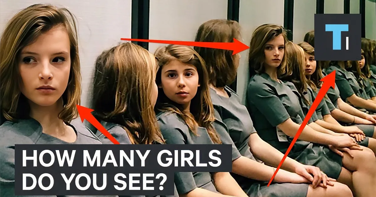 A group of identical women in gray uniforms stand in a line, facing forward with serious expressions.
