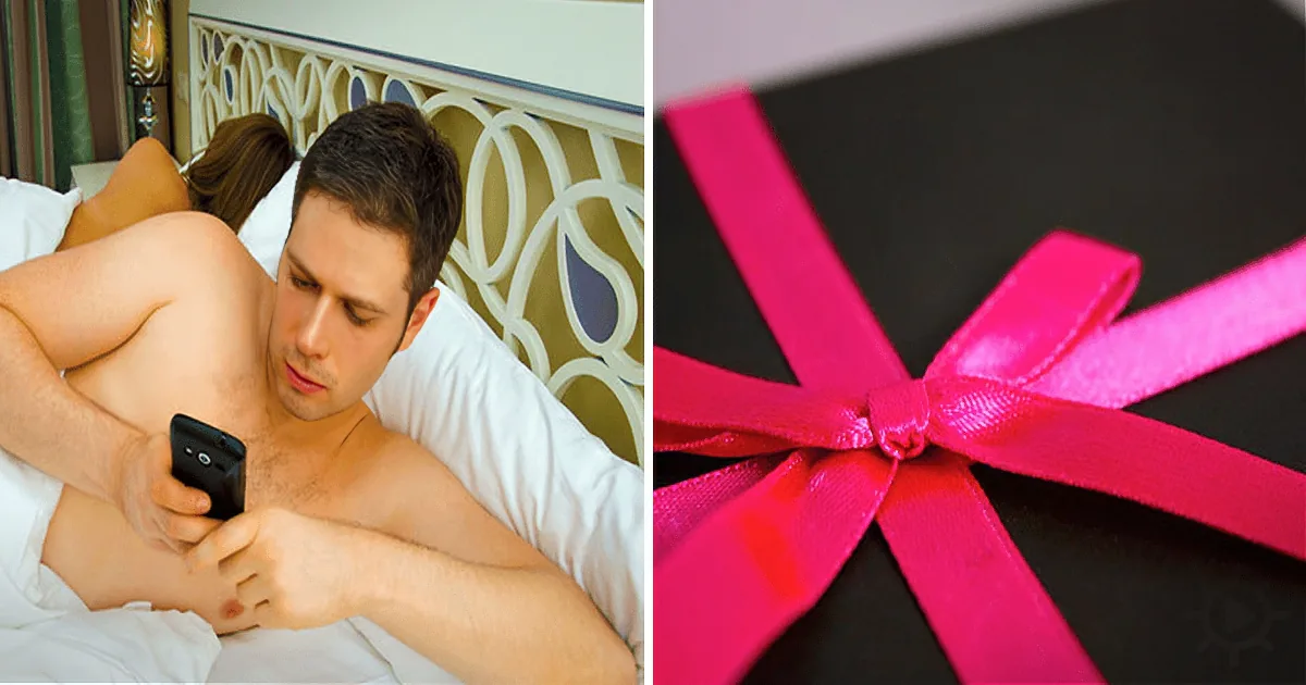 A man lies in bed, engrossed in his phone, while a close-up of a black box with a vibrant pink bow is shown.