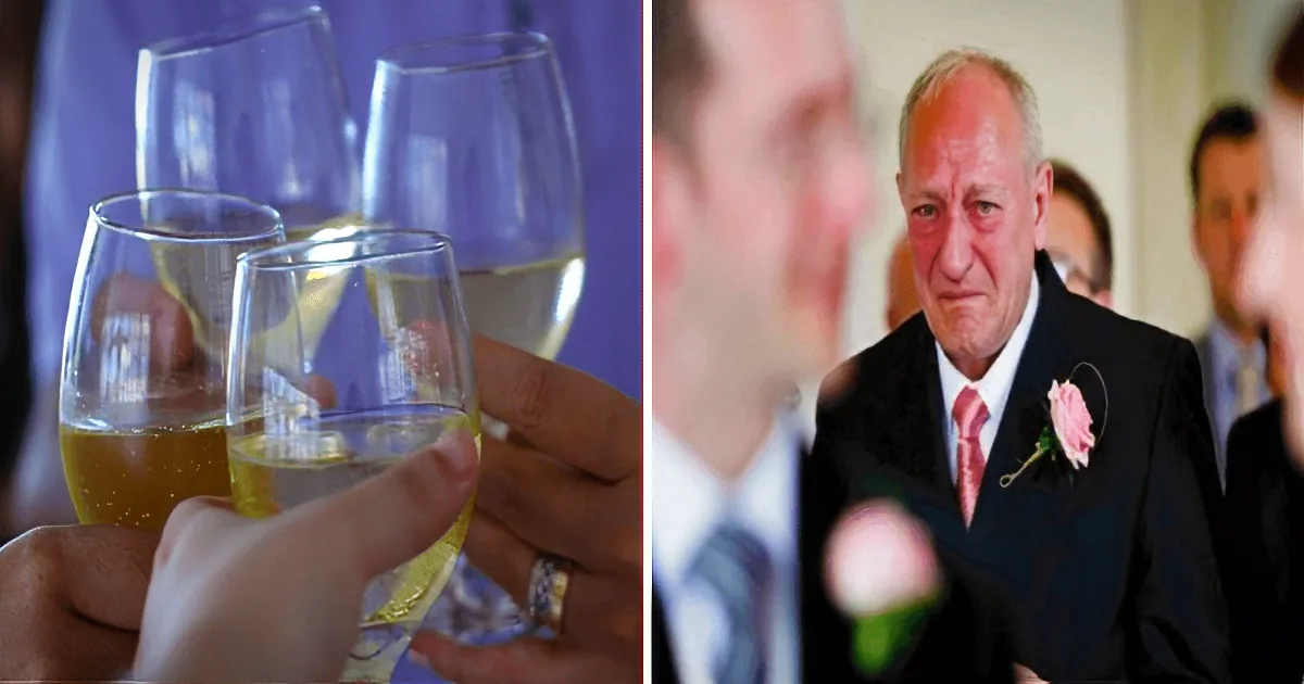 A man in a suit with a pink rose boutonniere is surrounded by people holding wine glasses, likely at a formal event.