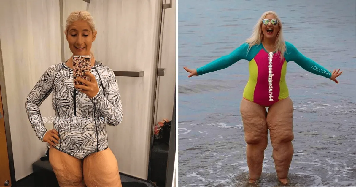 A woman in swimwear takes a selfie, then stands in the water with her arms outstretched.