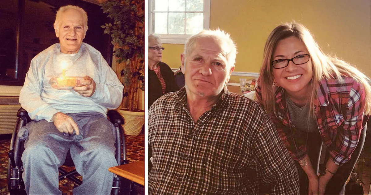 An elderly man in a wheelchair holds a lit candle, smiling, while a woman leans in to pose for a photo.