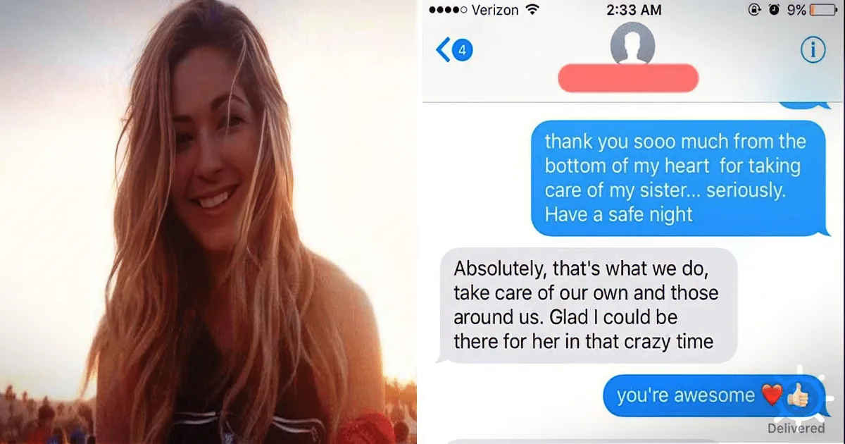 A woman smiles, and a text message exchange expresses gratitude and appreciation for taking care of someone.