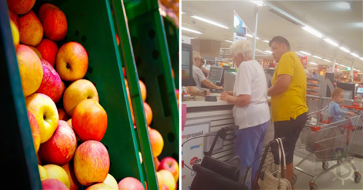 Fresh apples in a green crate and a supermarket checkout scene with customers and a cashier.
