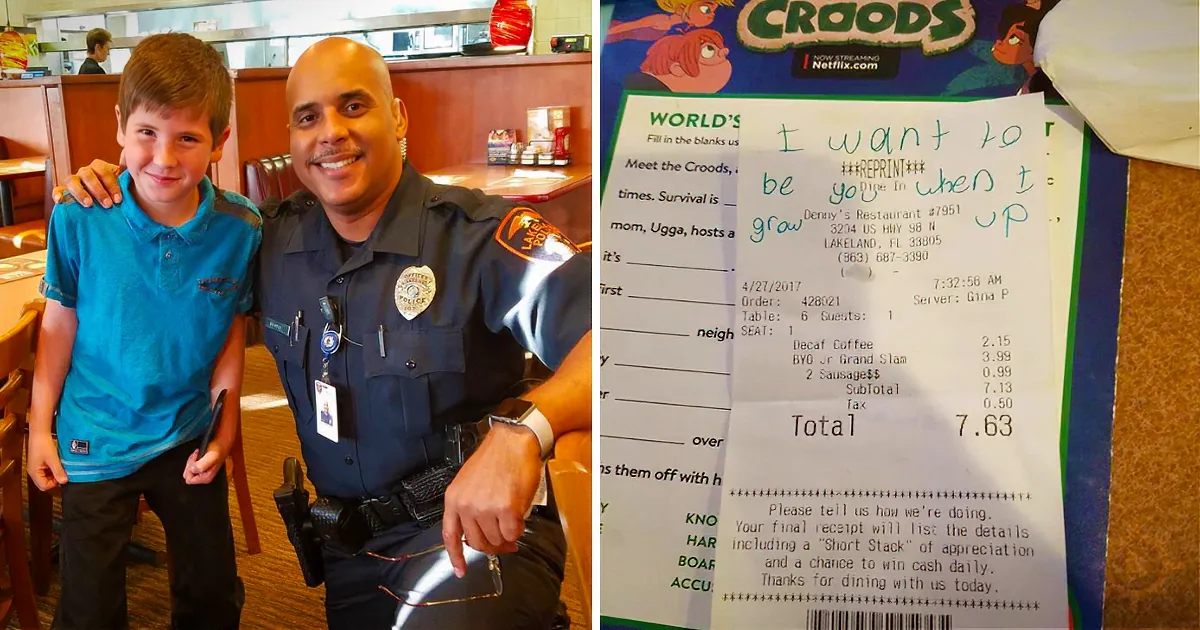 A police officer and a boy smile at a restaurant, with a receipt showing a child's handwritten note.
