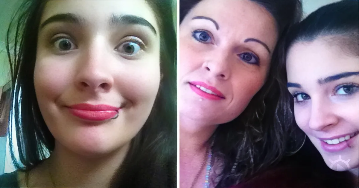 A young woman with a surprised expression and another woman with pink lipstick in a group selfie.