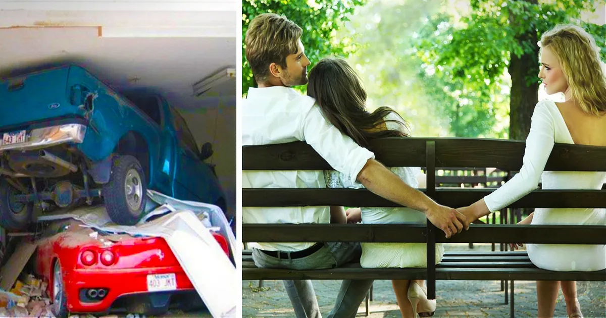 A red sports car is crushed under a blue pickup truck, while a couple sits on a bench holding hands in a park.