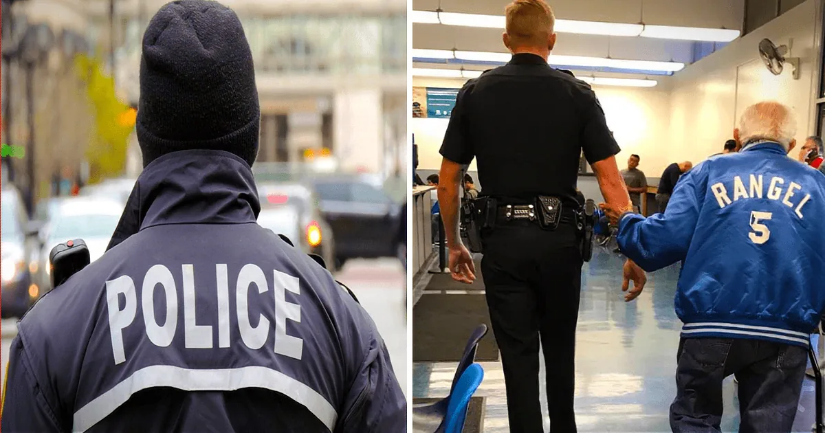 A police officer in a blue jacket and beanie is seen from behind, walking down a street and in an office setting.
