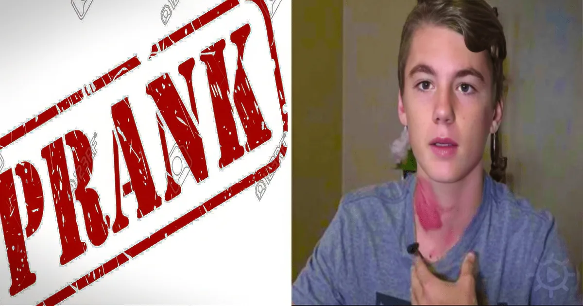 A young man in a blue shirt is speaking, with a red "PRANK" stamp on the left side of the image.