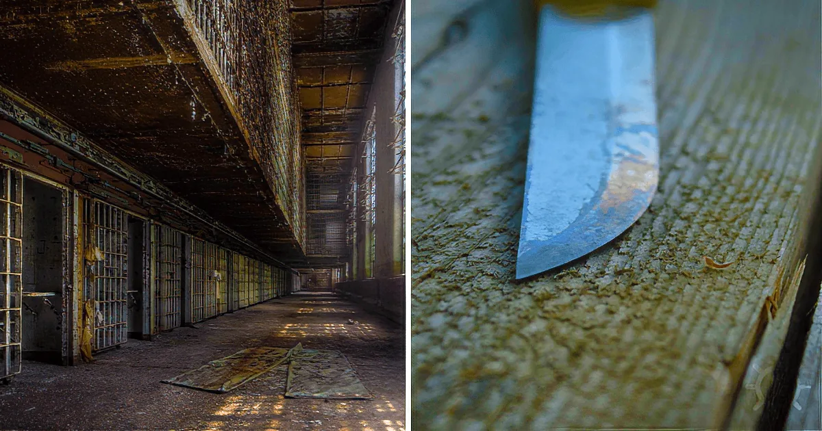 An abandoned prison hallway with barred cells and a worn-out rug, juxtaposed with a close-up of a blue object on a...