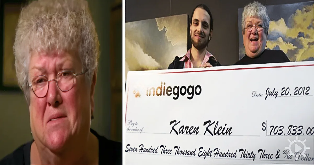 A woman with curly hair and glasses, alongside a large check for $703,833.00 from Indiegogo dated July 20, 2012.
