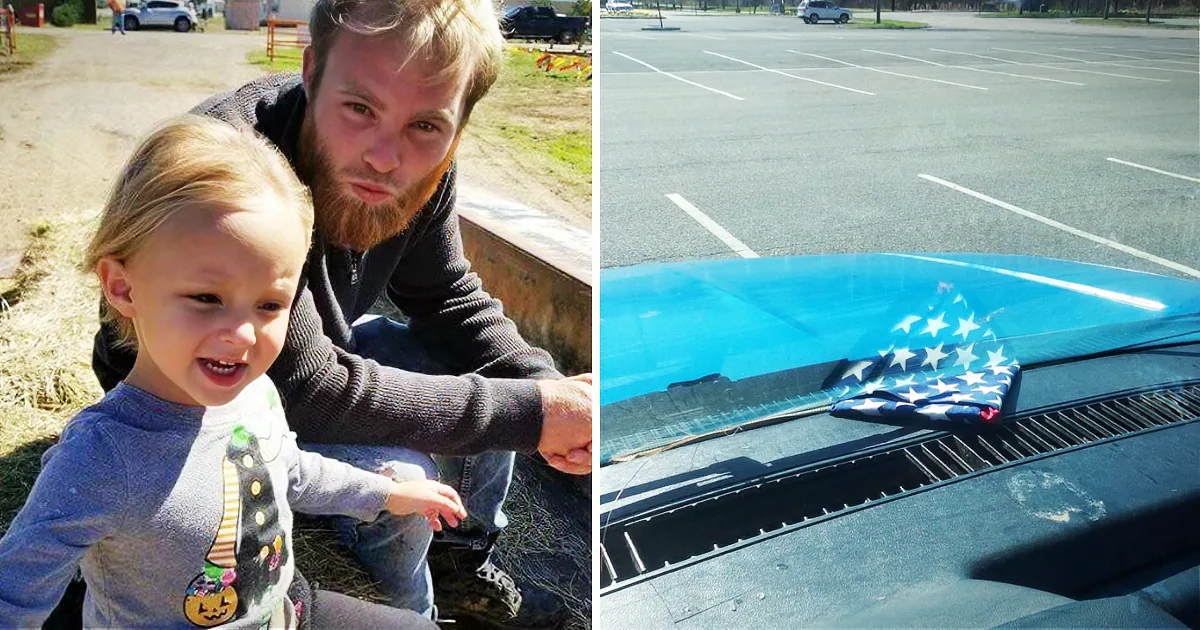 A man and a young girl smile together outdoors, while a folded American flag rests on a car's hood in a parking lot.
