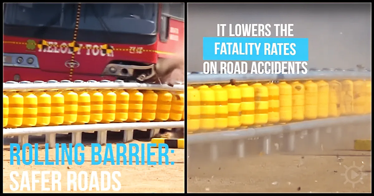 A rolling barrier is shown protecting a road, reducing fatality rates in accidents.