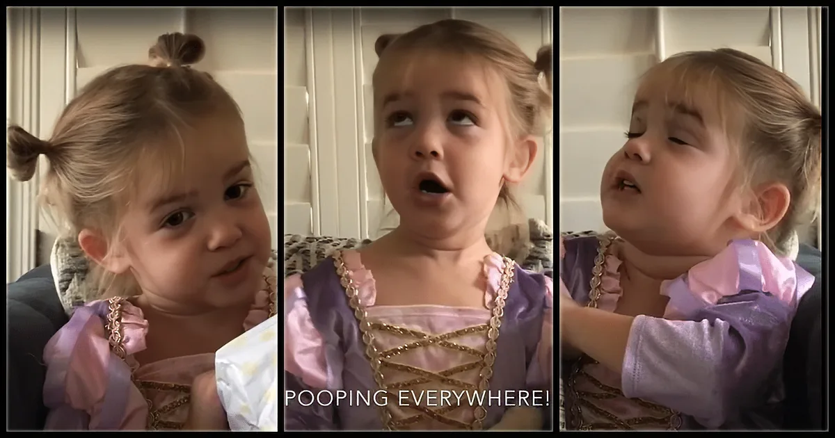 A young girl in a purple princess dress is shown in three different expressions, seemingly reacting to something off-camera.