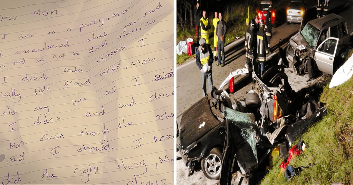 A handwritten letter and a photo of a car crash scene with emergency responders.