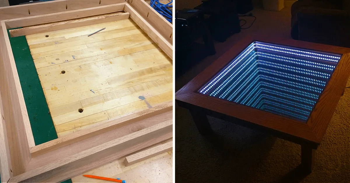 A wooden table with a LED-lit underside is shown in two stages: before and after installation.