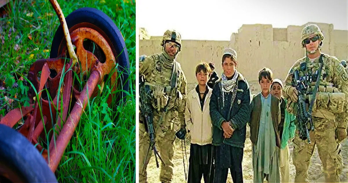Rusty wheel in grass contrasts with soldiers and children in desert setting.
