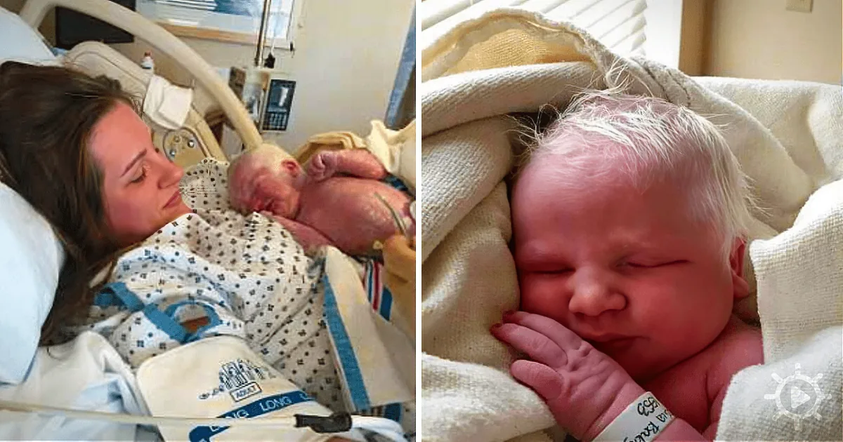 A mother holds her newborn baby in a hospital bed, both appearing peaceful and serene.