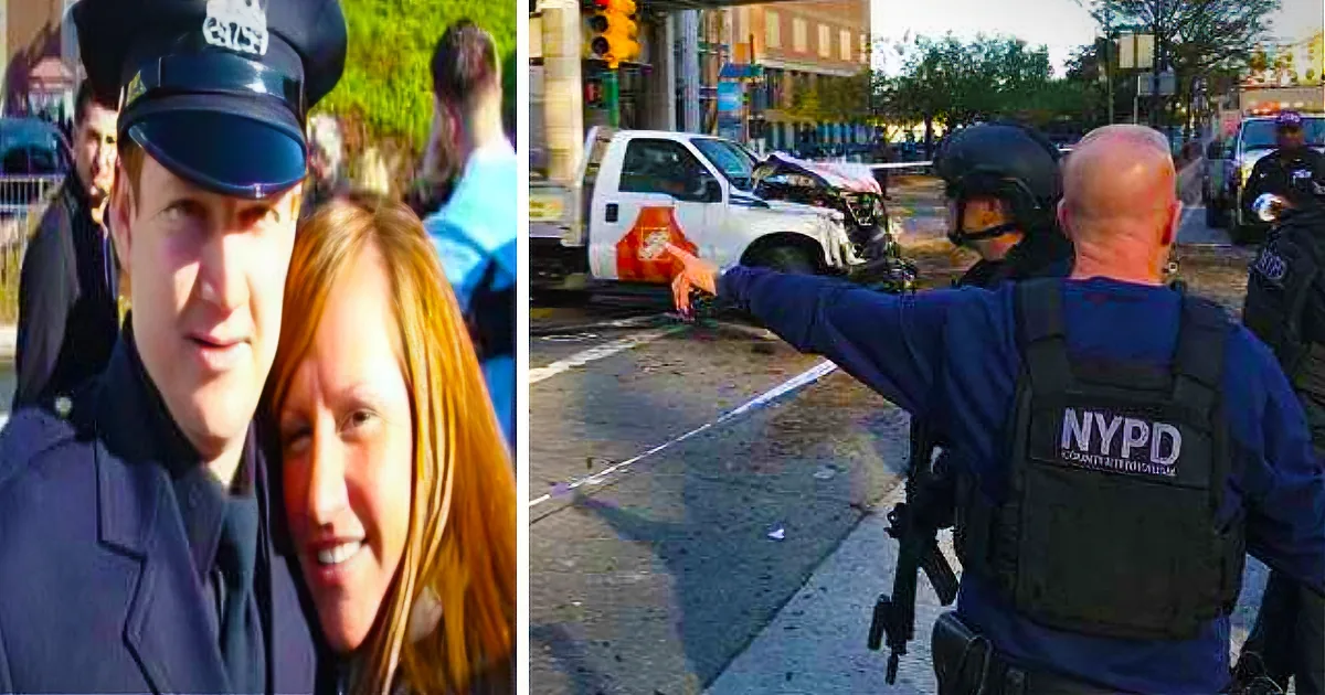 A police officer and a civilian smile in the left, while the right shows an NYPD officer pointing at a damaged vehicle in...