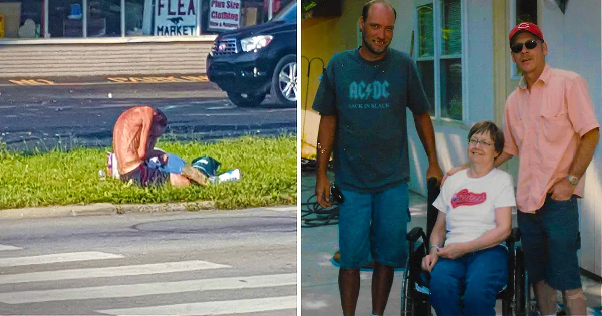 A person is lying on the grass near a street, while another image shows three people, one in a wheelchair, outside a...