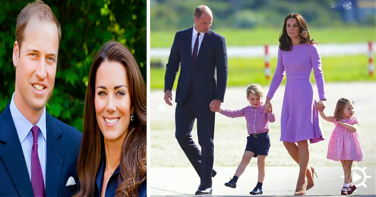Prince William and Kate Middleton are shown with their children, walking outdoors.