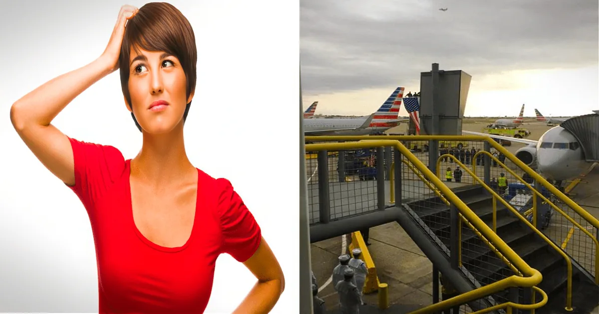 A woman in a red shirt poses with her hand on her head, while an airport scene with planes and stairs is visible in the...