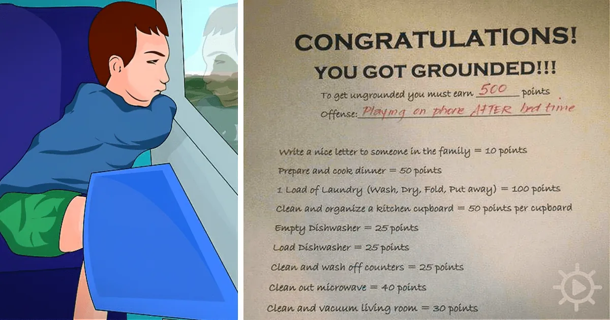 A cartoon boy sits in a car, looking sad, while a grounding list for 500 points is shown, detailing chores and tasks.