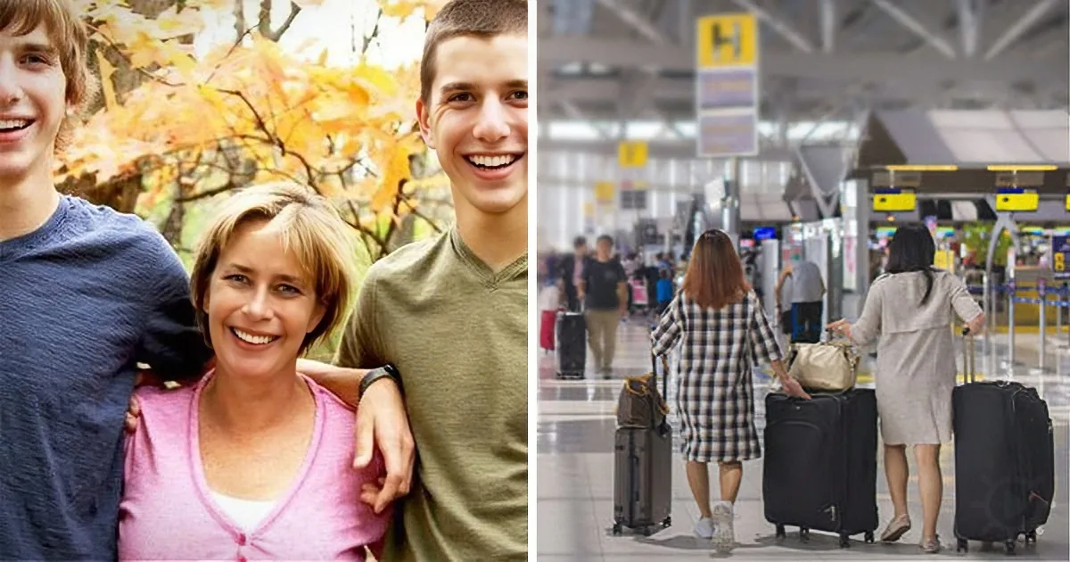 Two smiling individuals with a woman in a pink top, and a busy airport scene with people and luggage.