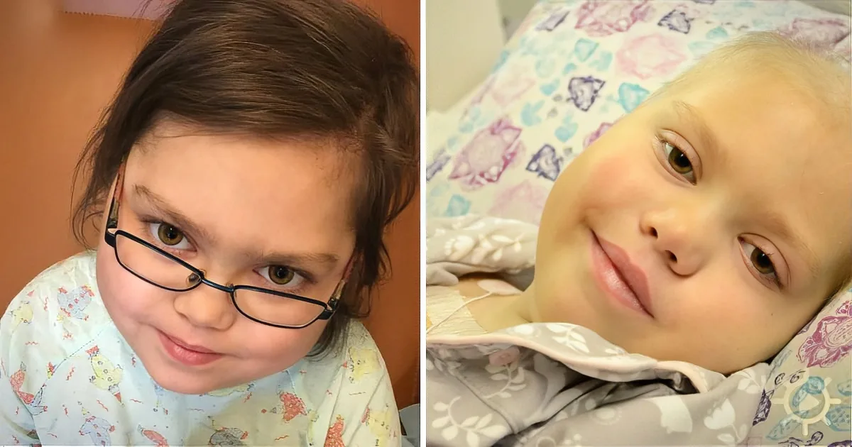 Two children, one with glasses and a hospital gown, and the other lying in bed with a patterned pillow.