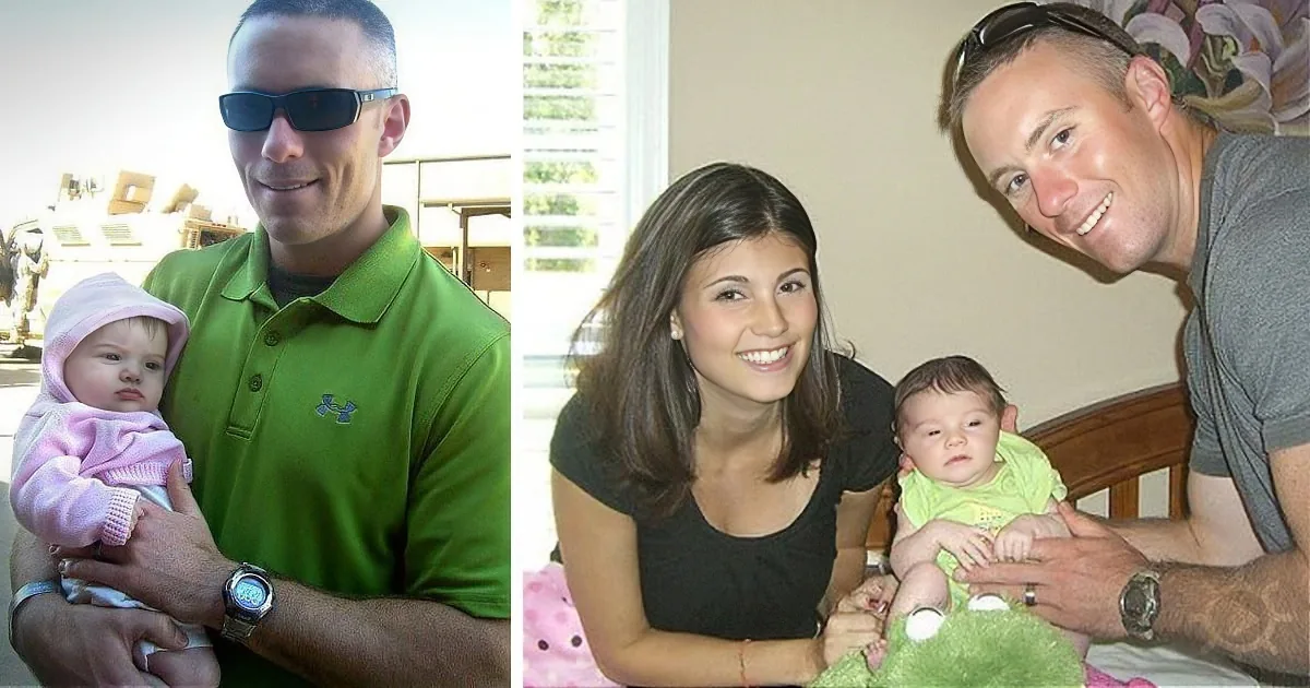 A man holds a baby in two different settings, one outdoors and one indoors with a woman.