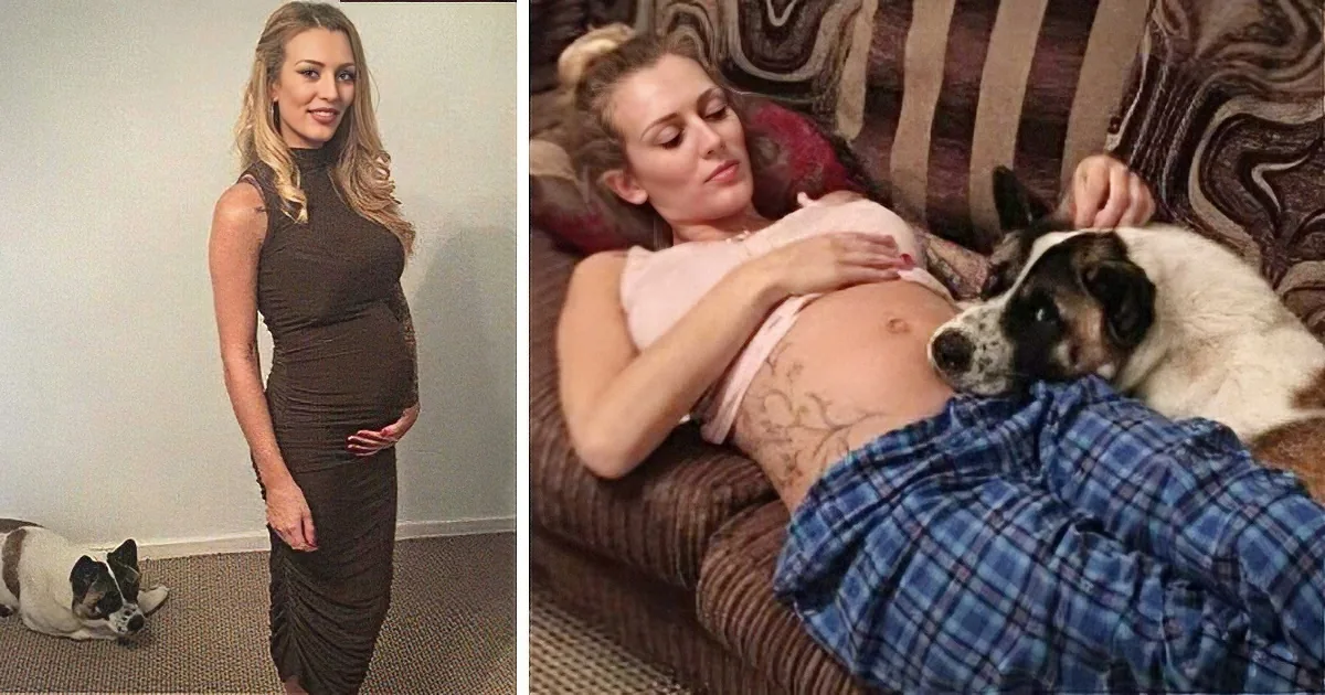 A pregnant woman in a brown dress stands next to a dog, while another woman lies on a couch with a dog resting on her...