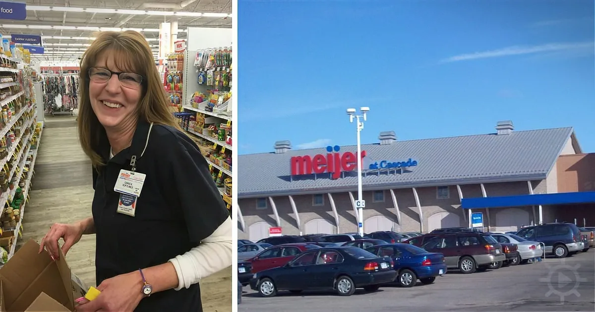 A smiling woman in a Meijer store aisle holds a box, with the Meijer at Cascade store and parking lot visible outside.