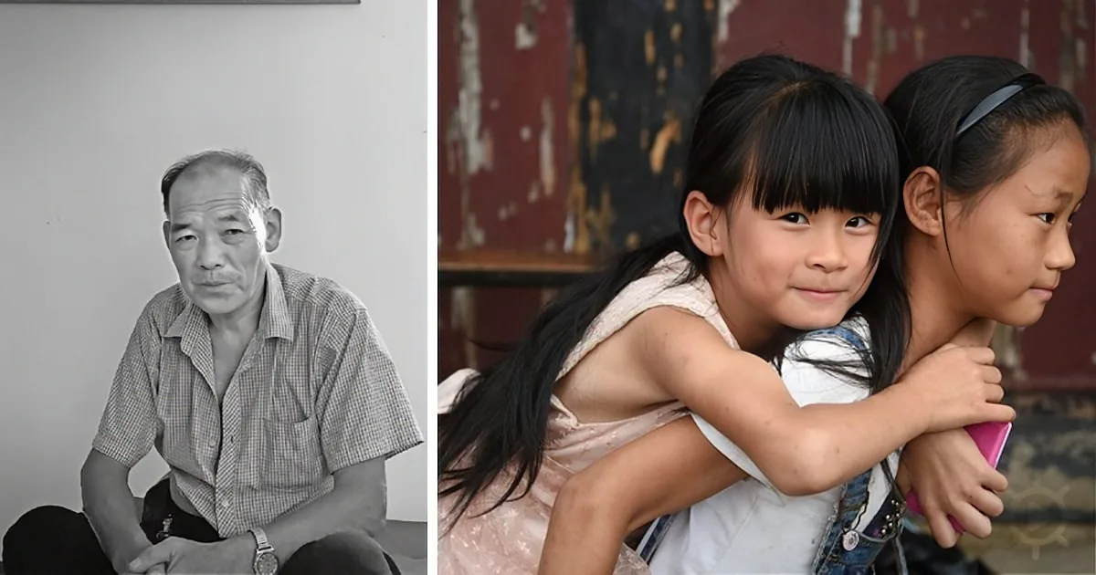 A man sits calmly in a monochrome photo, while two young girls embrace warmly in a color image.