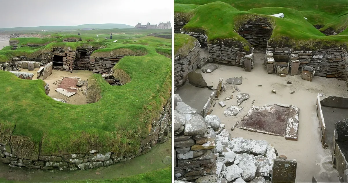 Ancient stone structures with grass-covered roofs, likely archaeological sites, with visible stone walls and remnants of...