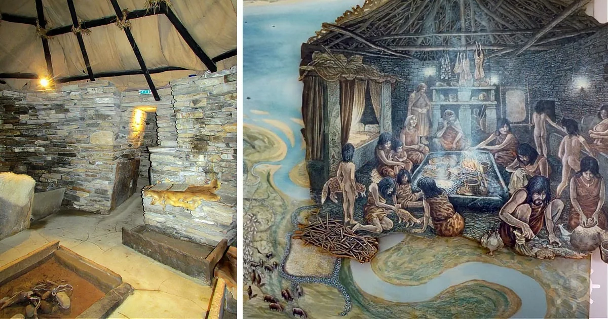 A reconstruction of a Neolithic settlement with stone structures and a mural depicting ancient people in a communal setting.