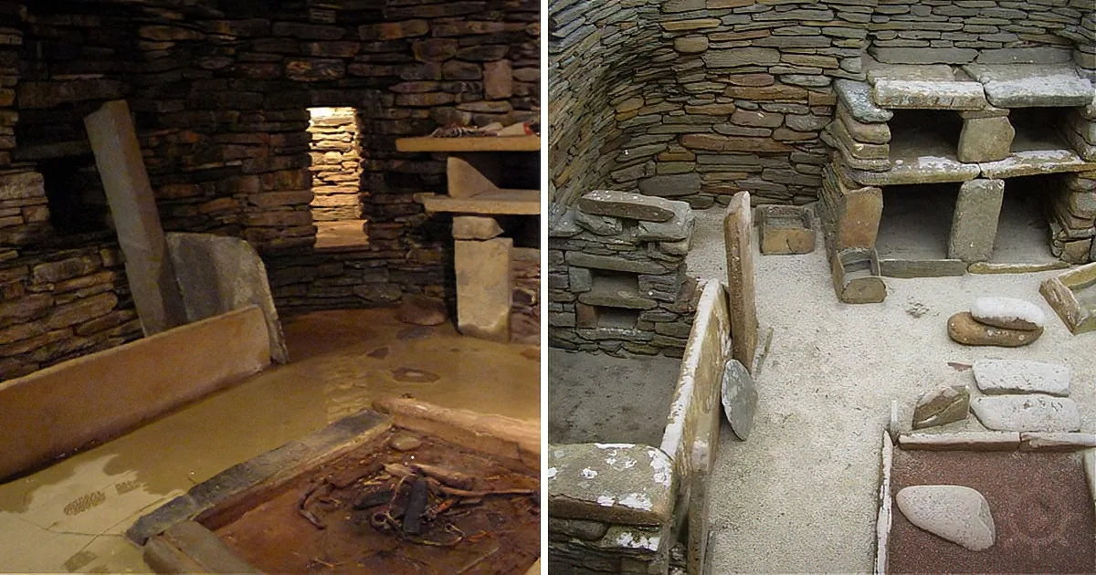Stone-walled room with hearth, benches, and shelves, possibly ancient or reconstructed.