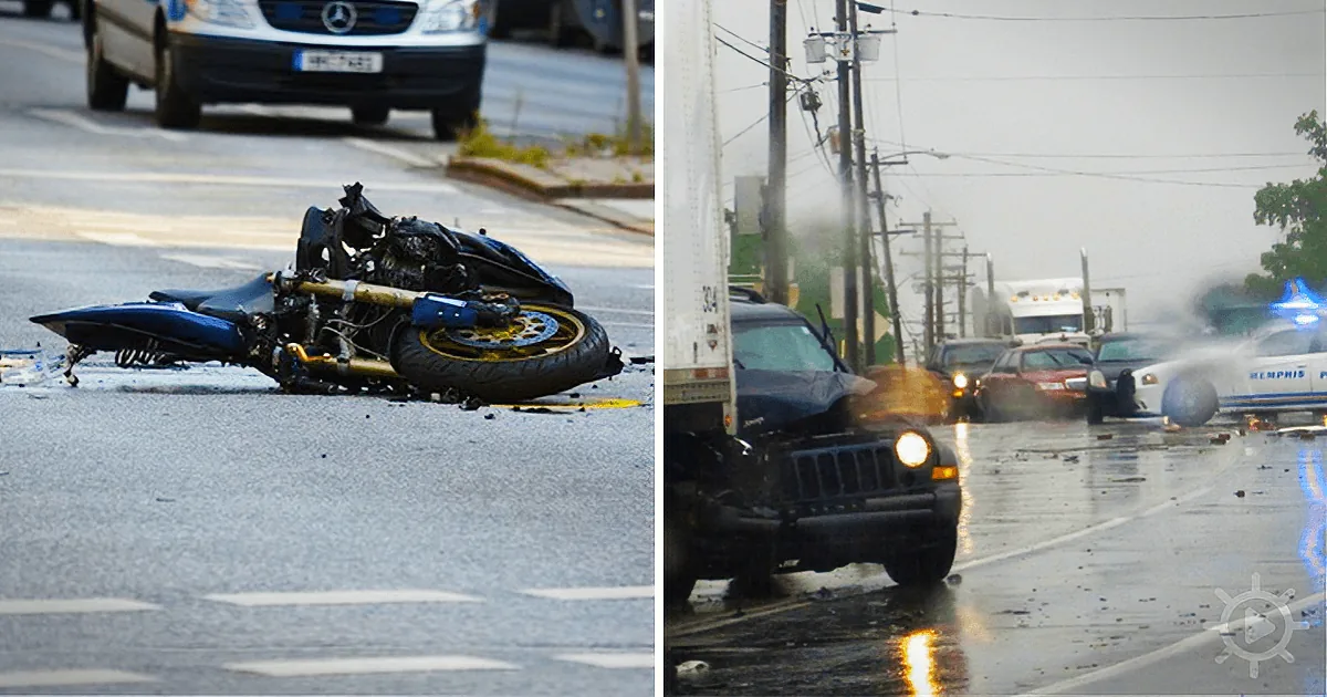 A motorcycle lies on its side in the road, while a truck and car crash scene is visible in the background.
