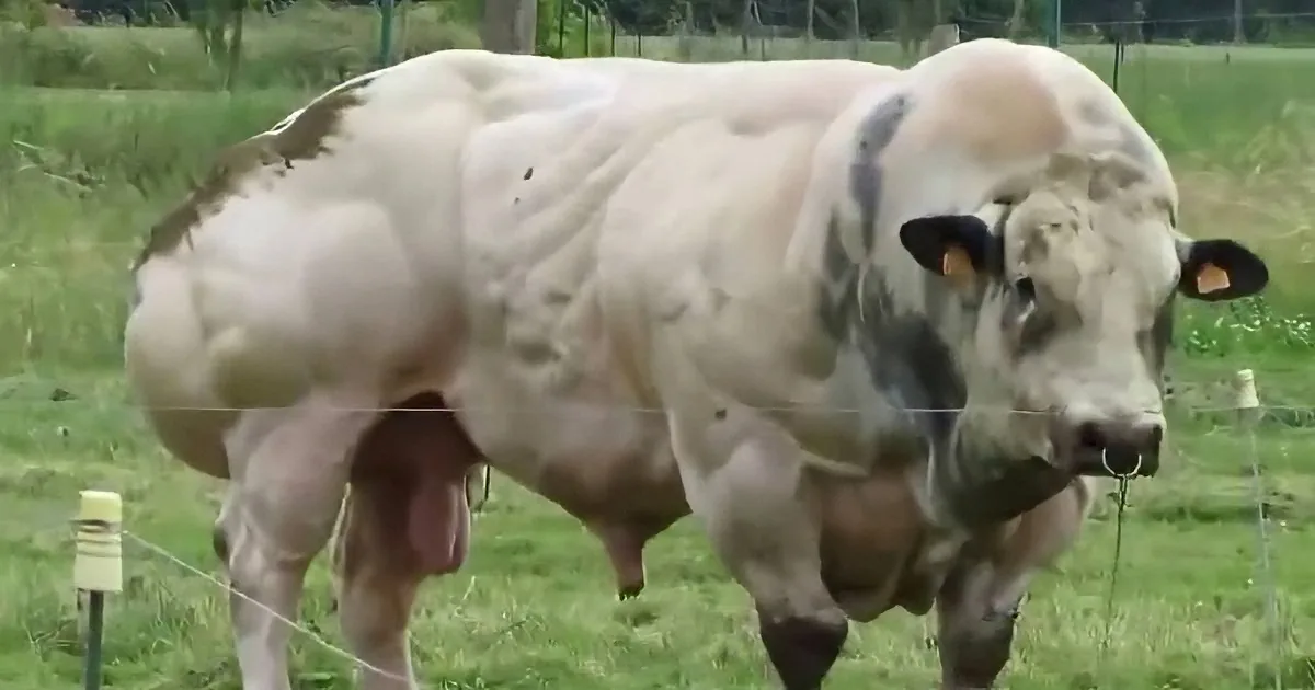 A large, muscular white cow with black markings stands in a grassy field, facing the camera.