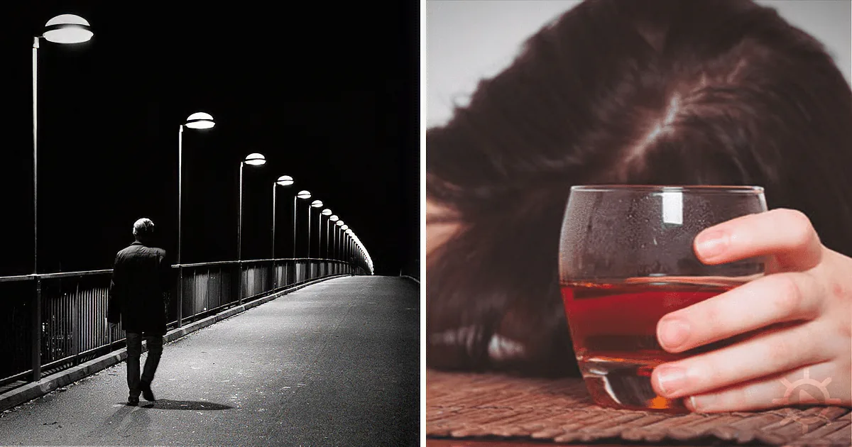 A person walks alone on a dimly lit bridge, while another holds a glass of red liquid, possibly alcohol.
