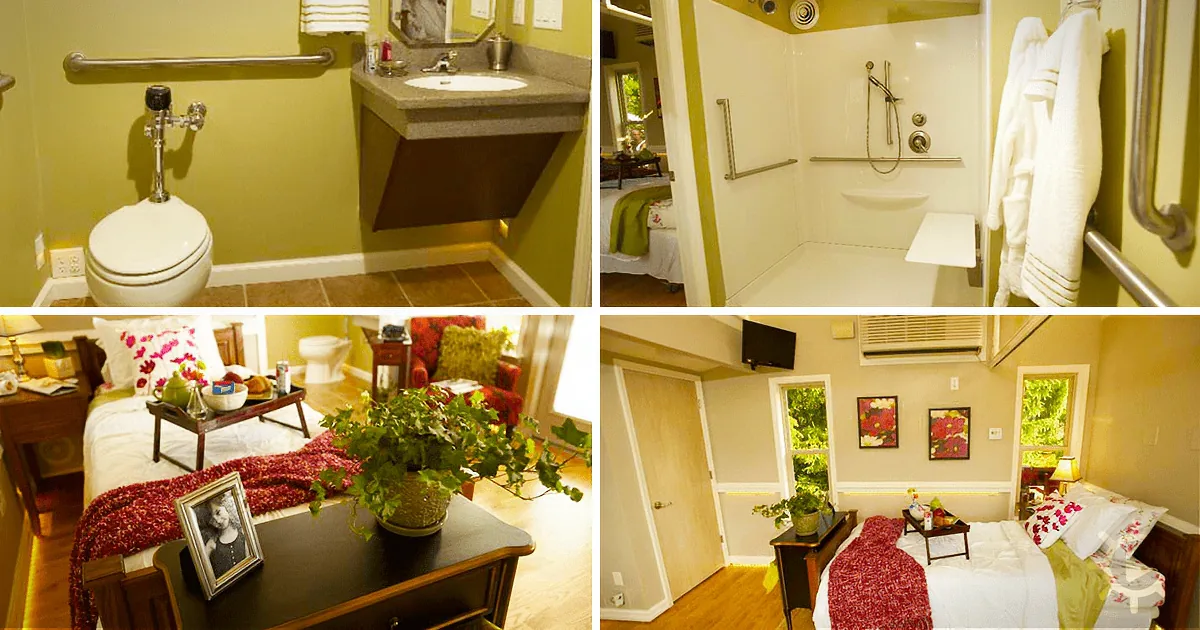 A cozy, well-decorated room with a bathroom, shower, and bedroom featuring a bed, nightstand, and plants.