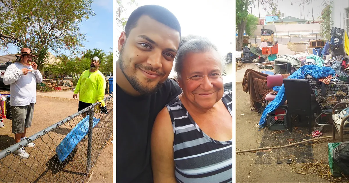 A man and woman smile in the center, flanked by scenes of people and belongings near a fence and a cluttered area.