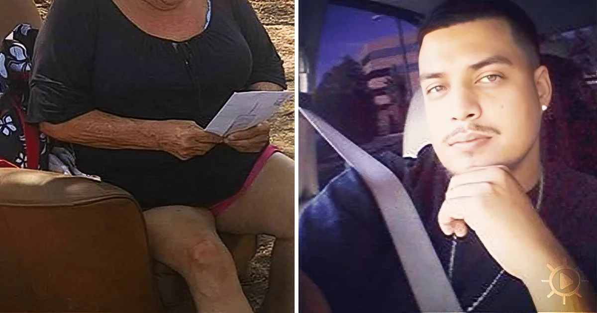 A person in a black shirt and pink underwear sits outdoors holding a piece of paper, while another person in a car with a...