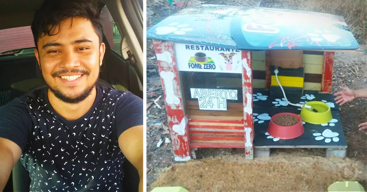 A man smiles in a car, next to a colorful doghouse labeled "Restaurante Fome Zero" with food bowls.