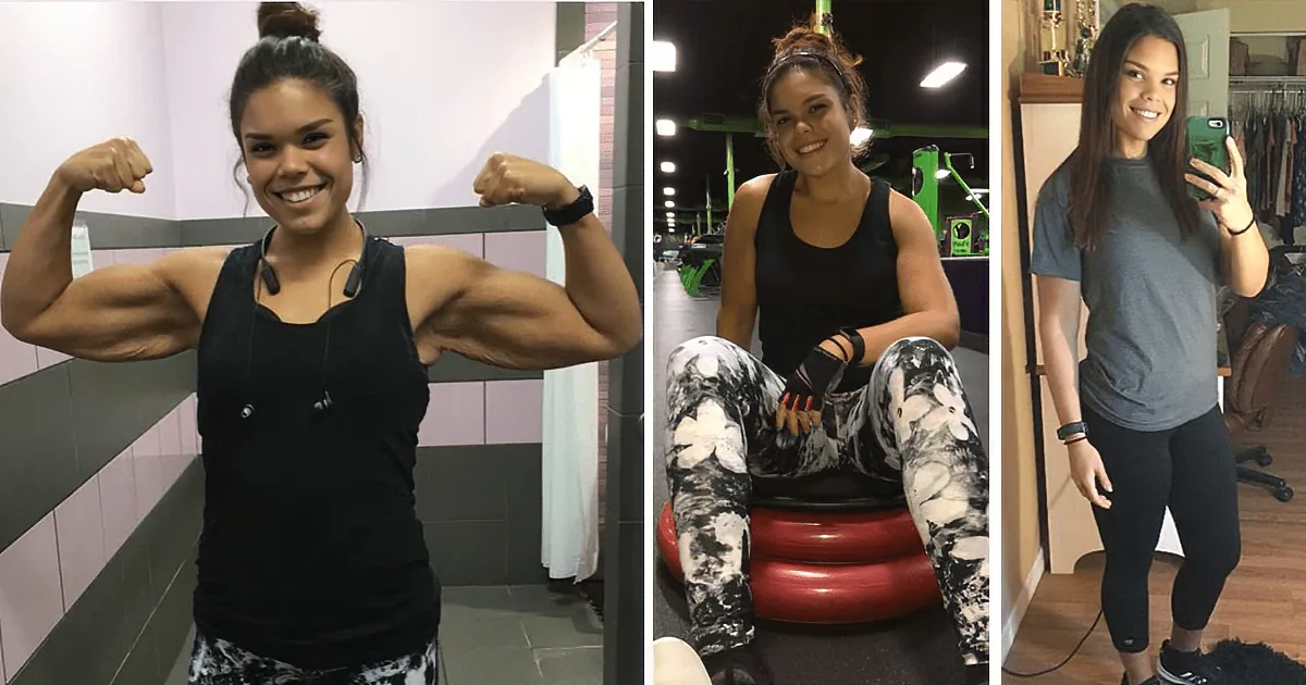 A woman in a gym flexes her biceps, sits on a fitness ball, and takes a selfie in a casual setting.