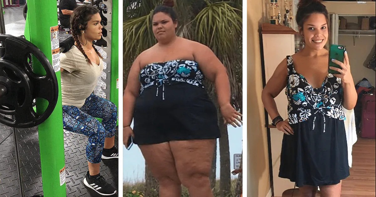 A woman transitions from gym workout to beach and then to a stylish outfit, showcasing her transformation.