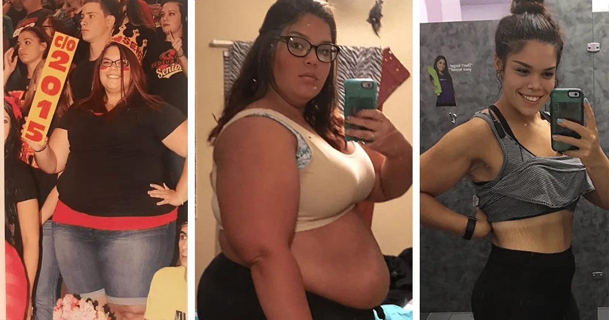 A woman's weight loss journey from 2015 to the present, highlighting her transformation.