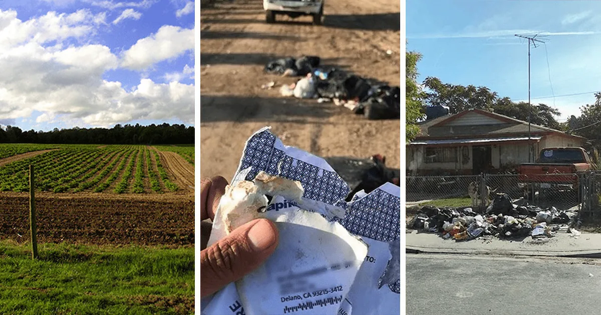 A collage shows a lush field, trash on a dirt road, and a dilapidated house with a trash pile.