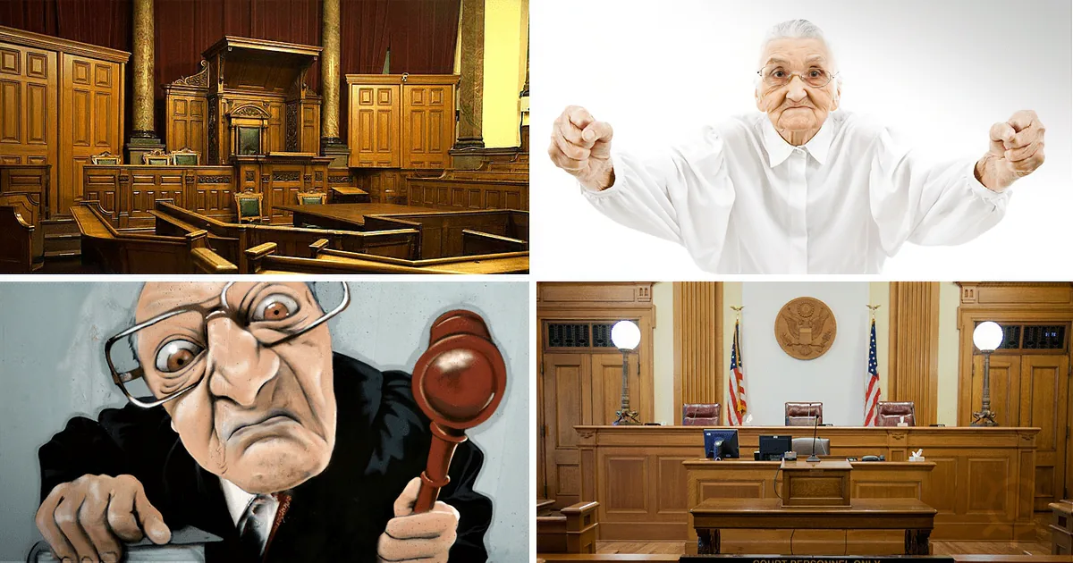 An elderly woman in a white shirt stands with arms outstretched, surrounded by courtroom imagery.