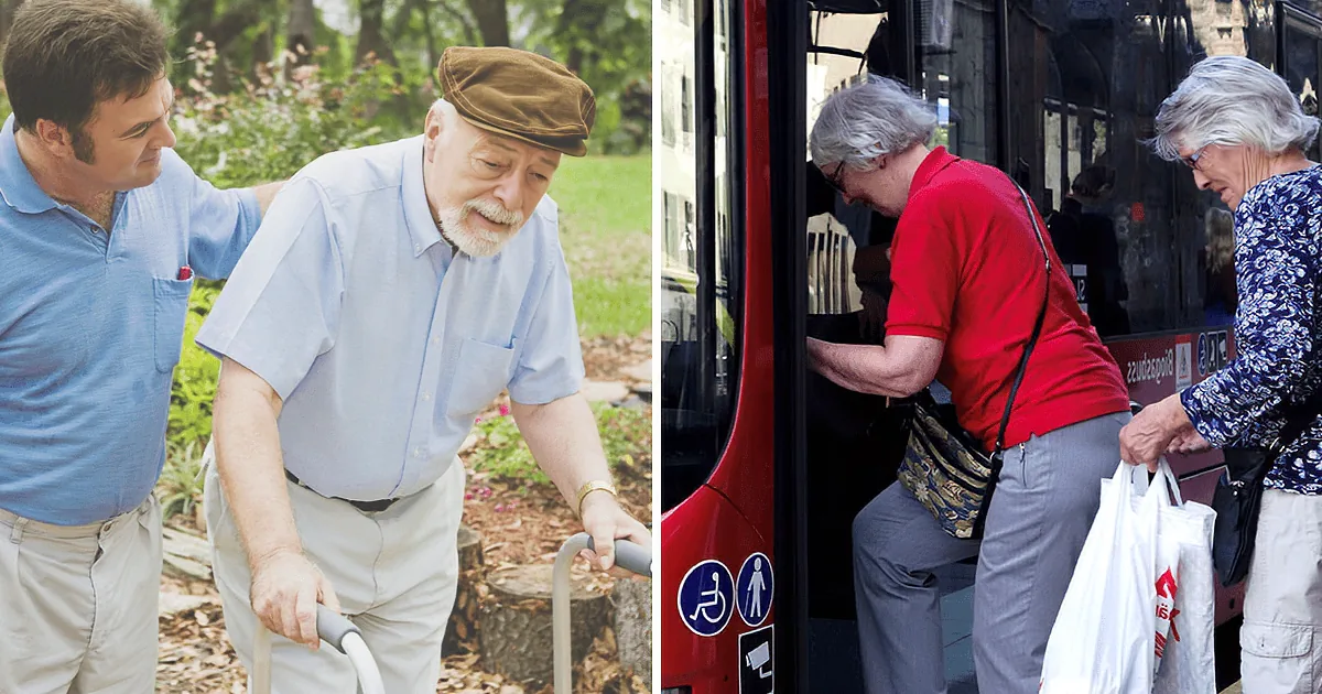 An elderly man with a cane is being assisted by a younger man outdoors, while two older women are boarding a bus.